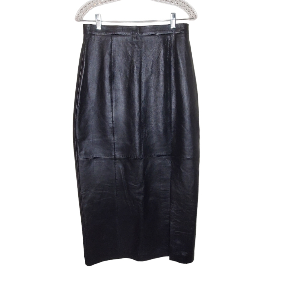 BAGATELLE Vintage 90s Black Leather Skirt, Long Pencil Skirt Front Slit Sz 10